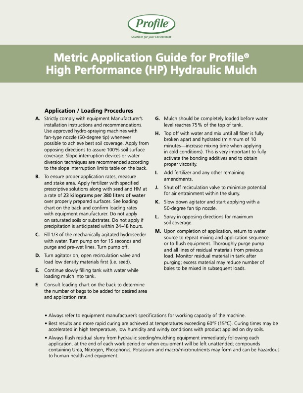 Instructional guide for applying Profile High Performance Hydraulic Mulch, detailing steps A–H on loading, mixing, and applying the mulch, plus guidelines on coverage, moisture, safety, and mixing tips. Green and white color scheme.