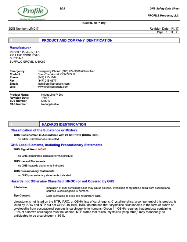 A safety data sheet for Profile Products NeutraLime Dry, showing product info, company contact details, and hazard identification sections in a blue and white layout.