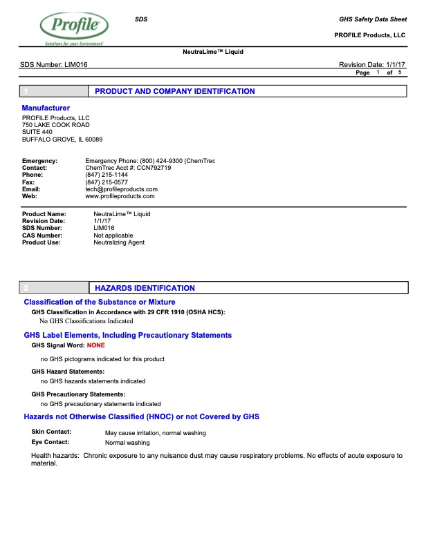 A safety data sheet for Neutralime Liquid, including sections for product identification, manufacturer contact info, and hazard identification, displayed in a structured layout with text, headings, and a Profile Products logo.