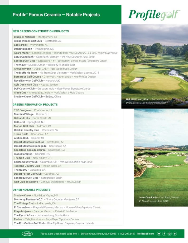 A catalog page lists notable golf course projects, with sections for new and renovation projects, and features a small image of a green golf course with trees and sand traps in the bottom right corner.
