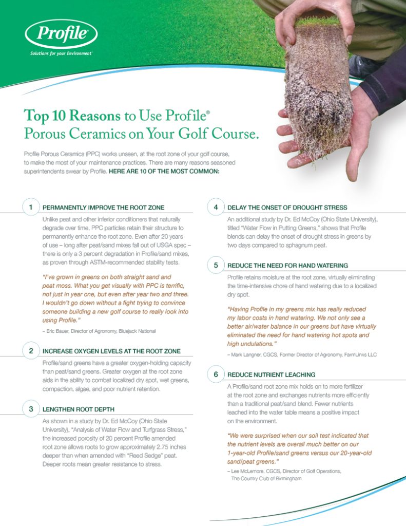 A gloved hand holds a soil plug on a green, grassy golf course. Text details ten reasons to use Profile Porous Ceramics, focusing on turf and root zone health benefits.