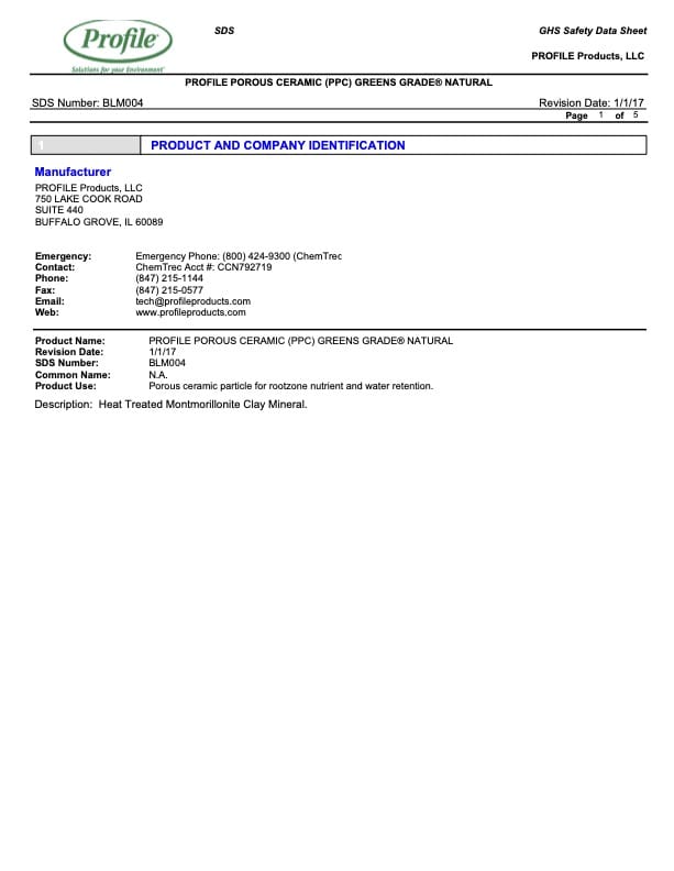 A safety data sheet for PROFILE Porous Ceramic (PPC) Greens Grade Natural, showing manufacturer info, emergency contacts, and product identification details at the top of page 1.