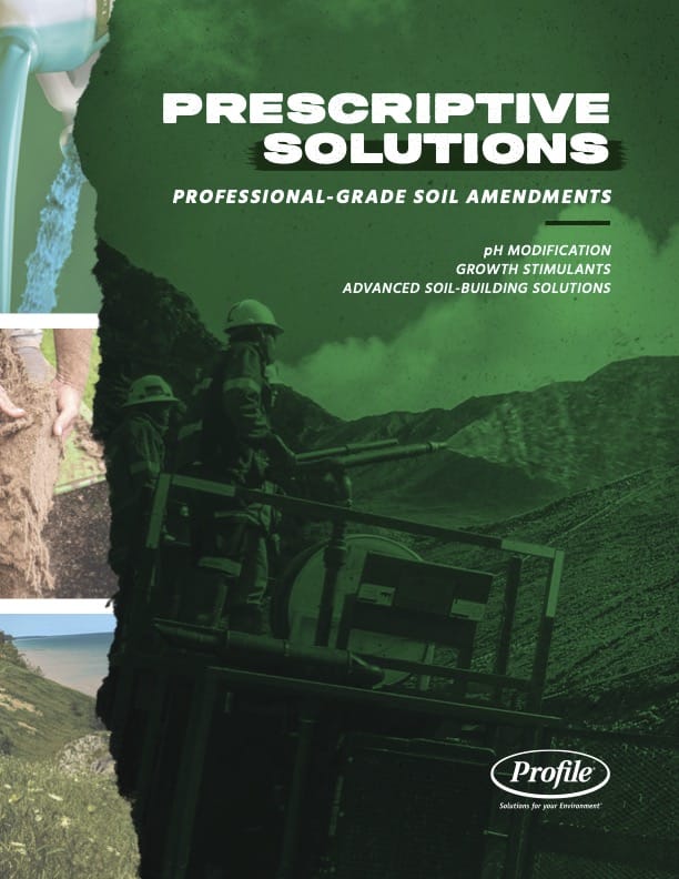 Green cover showing workers handling soil, a field landscape, soil being poured and mixed, and a title: Prescriptive Solutions: Professional-Grade Soil Amendments with benefits and the Profile company logo at the bottom.