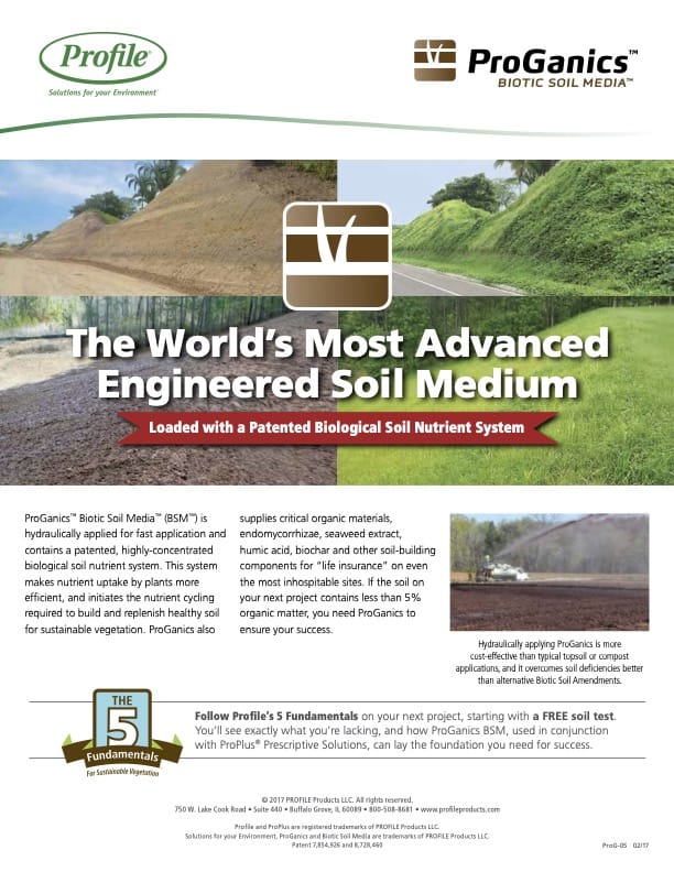 Promotional flyer for ProGanics Biotic Soil Media, featuring text about its advanced engineered soil medium, a logo, images of green landscapes, and sections highlighting its benefits and fundamentals.