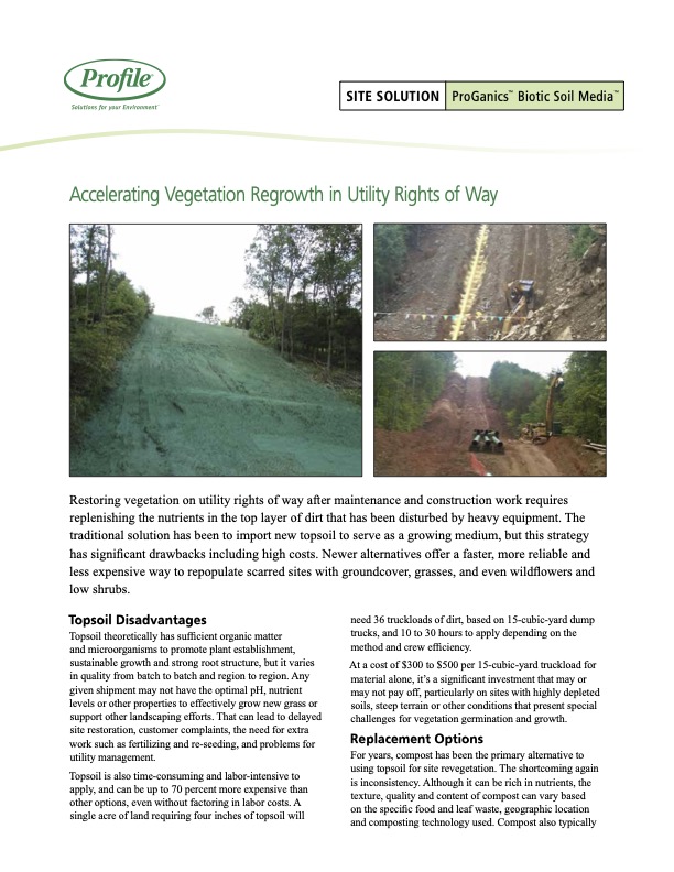 A brochure page with three small photos of grassy utility rights-of-way and text discussing accelerating vegetation regrowth, topsoil disadvantages, and alternatives using ProGanics Biotic Soil Media.