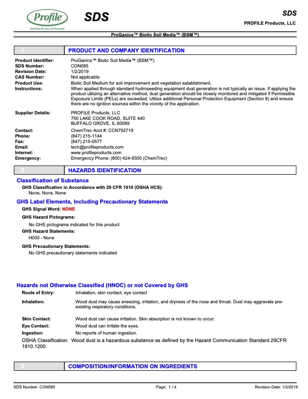 SDS document for ProGanics Biotic Soil Media, showing product and company information, hazard identification, and emergency contact numbers. Text-filled page with sections for substance classification and hazard statements.