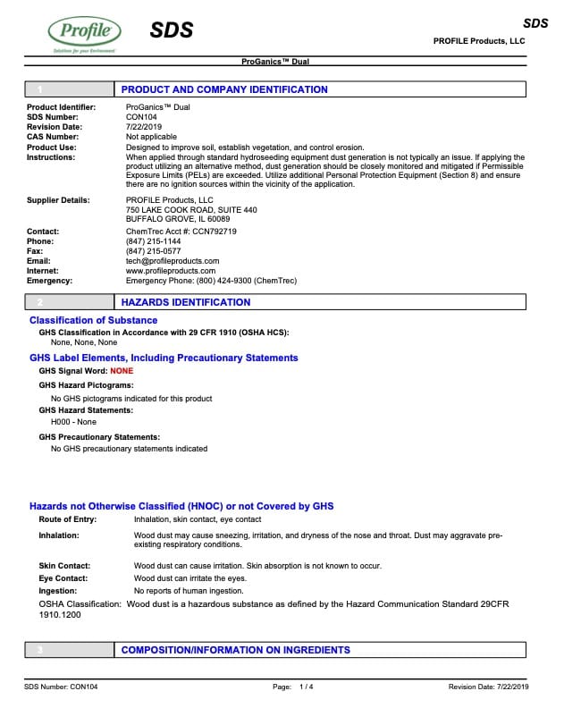 SDS sheet for Profile Products ProGanics DUAL, listing product identifiers, company contact info, hazard identification, and composition details in a structured, tabular format.