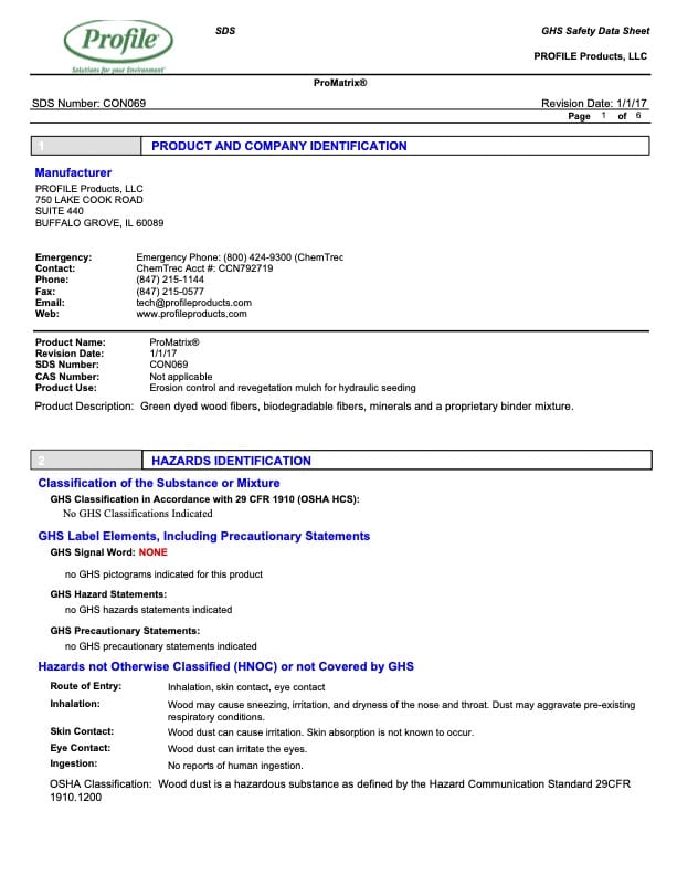 A safety data sheet for ProMatrix88 by Profile Products, showing product/company identification, emergency contacts, and hazard classification information in a structured table format.