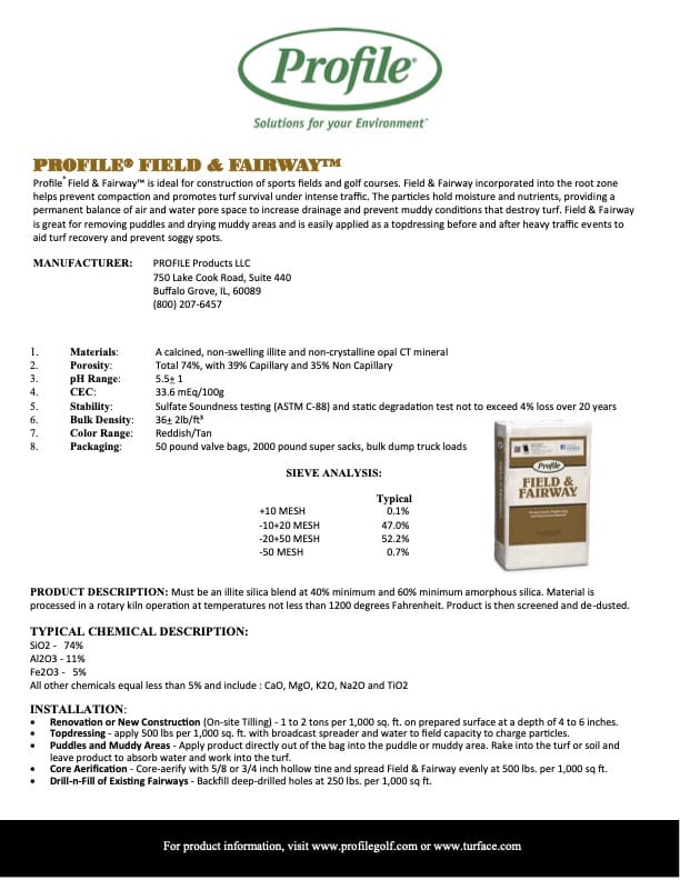 A product information sheet for Profile Field & Fairway soil amendment, showing product details, benefits, specifications, and an image of the product bag on the right. Text and charts describe performance and application instructions.