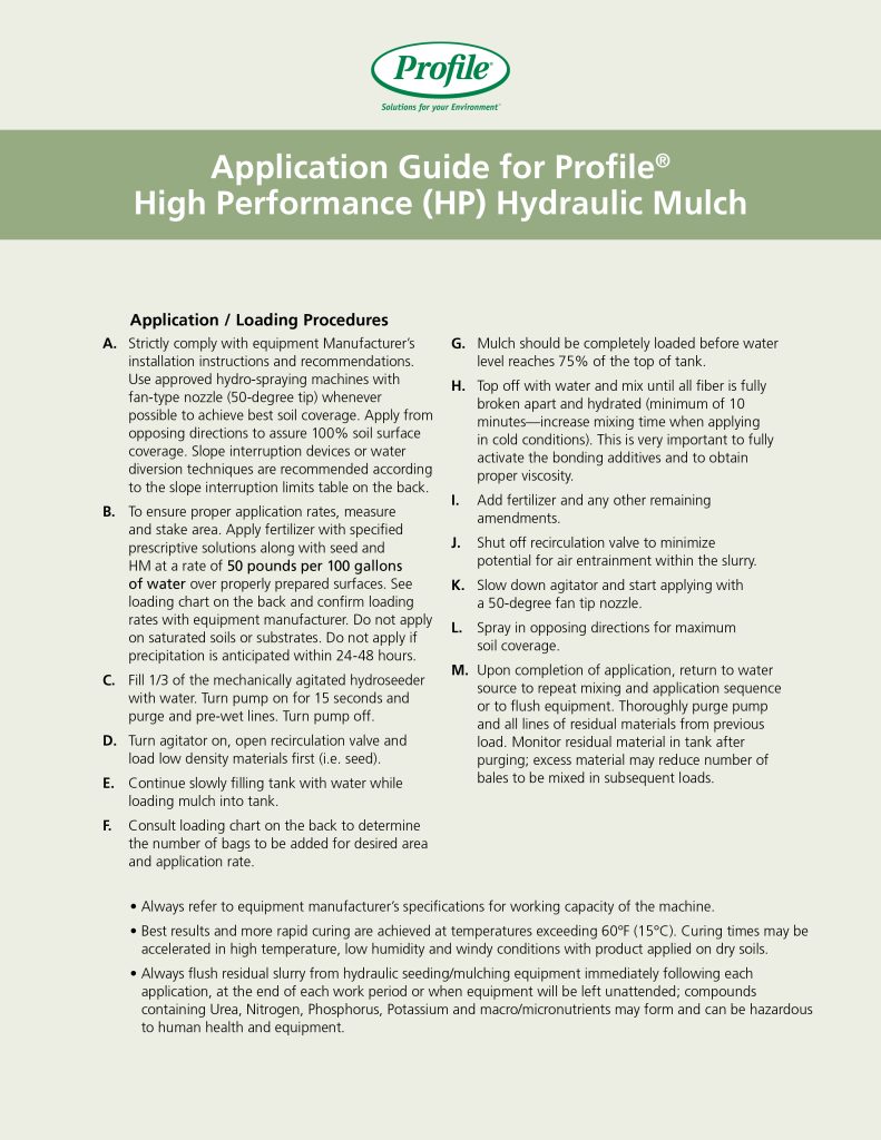 Application guide for Profile High Performance Hydraulic Mulch with detailed instructions on application, loading, mixing, and use, presented in multiple labeled sections on a green and white document. No images, only text content.