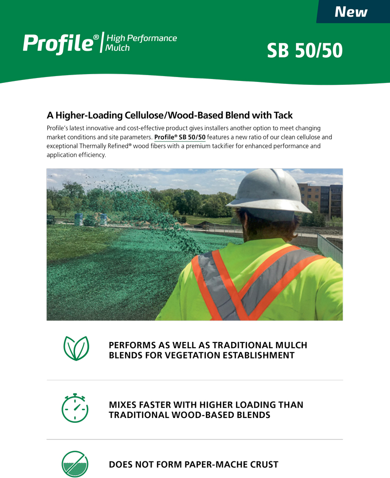 A construction worker in a white hard hat and orange vest oversees green mulch being sprayed onto ground, promoting Profile SB 50/50 cellulose and wood blend for vegetation establishment and soil protection.
