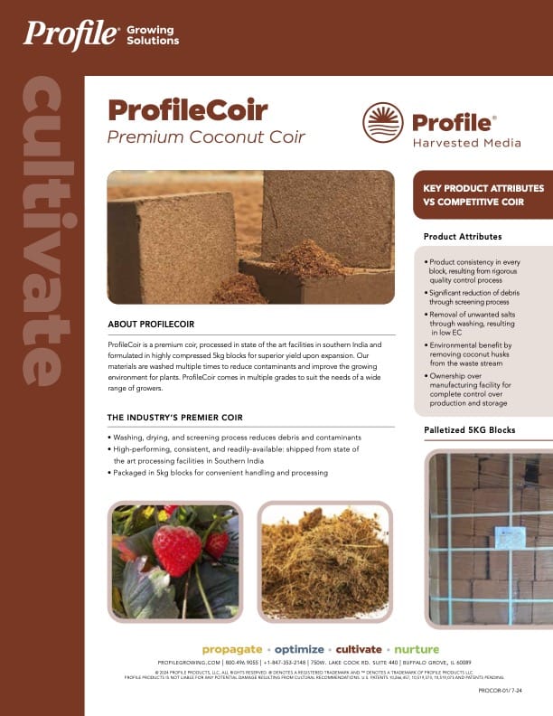 Flyer for ProfileCoir Premium Coconut Coir shows blocks of coir, feature highlights, benefits, and photos of coconuts and processing. Text describes the products sourcing, processing, and industry applications.