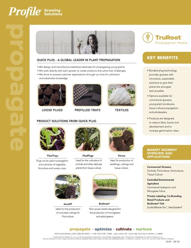 A product flyer for TruRoot propagation media features images of plant plugs, key benefits, market segments, and different product solutions, with a green, yellow, and white color scheme.