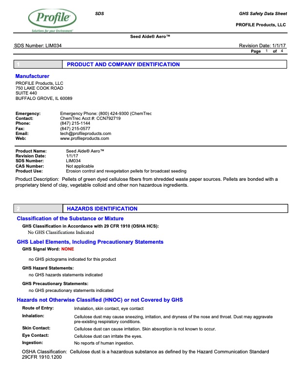 Safety data sheet for Seed Aide Aero, includes product and company details, hazards identification, health risks, precautionary statements, and chemical classification. Text-based document with blue and green headings throughout.