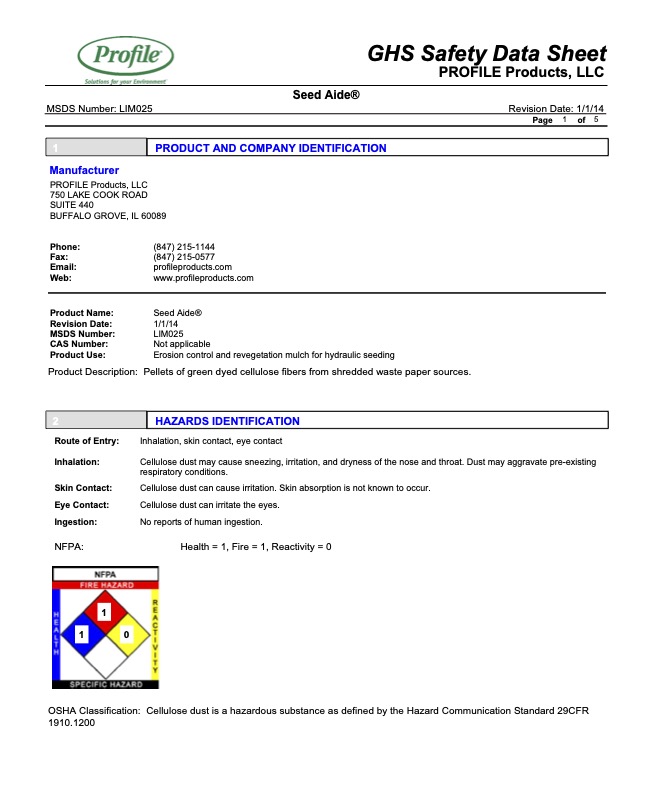 A GHS Safety Data Sheet for Seed Aide®, showing company info, product name, hazard identification, and safety codes. Includes a red, blue, and yellow NFPA diamond and OSHA hazard classification details. Page is mostly text.