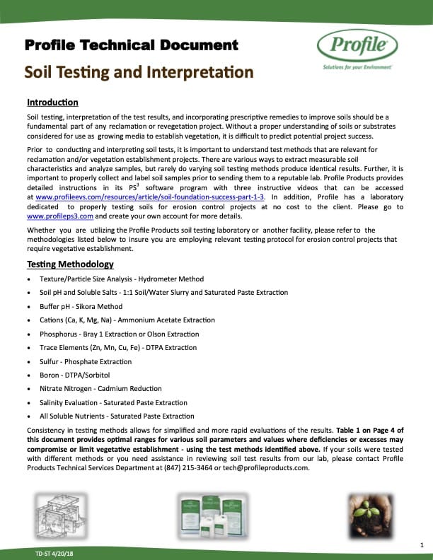 A technical document titled Soil Testing and Interpretation by Profile, outlining soil testing methods, analysis, and solutions using Profile products, with headings and bullet points on procedures and website links.