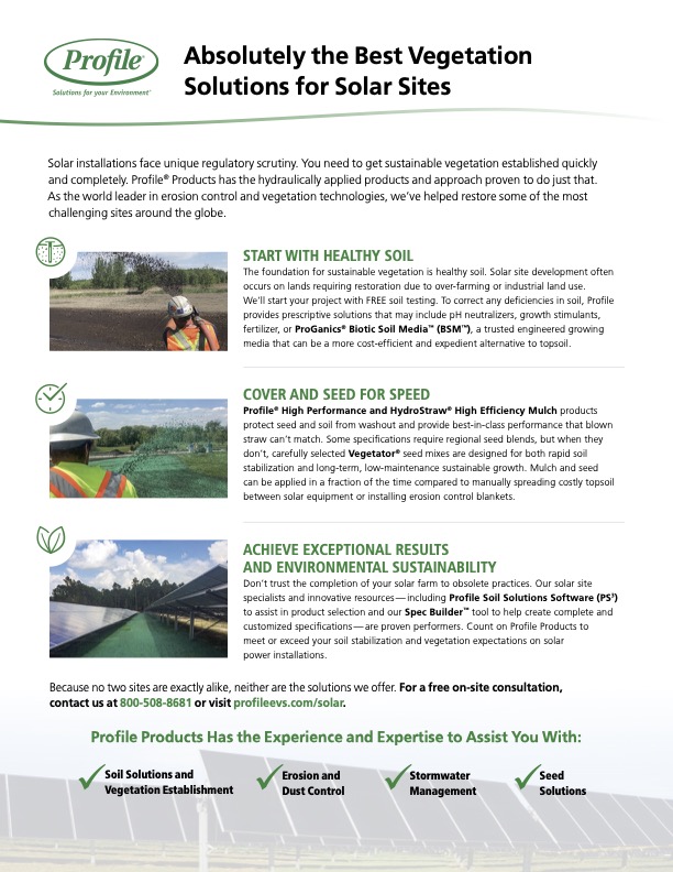 Informational flyer about Profile Products vegetation solutions for solar sites, highlighting healthy soil, seeding, erosion control, sustainability, and a consultation offer. Includes images of solar panels with vegetation.