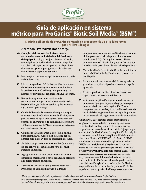 Instructional document in Spanish titled Guía de aplicación en sistema métrico para ProGanics Biotic Soil Media, with detailed steps and safety guidance for product use in gardening or landscaping.
