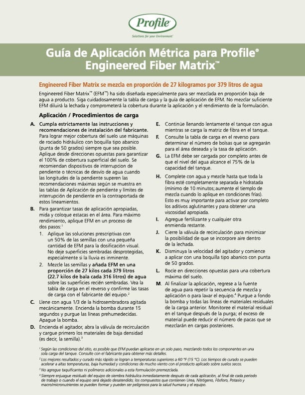 A Spanish-language instruction sheet for mixing and applying Profile Engineered Fiber Matrix, detailing water ratios, application procedures, equipment, mixing, loading, and pneumatic discharge. Text is organized in numbered lists.