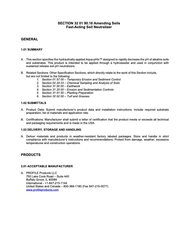 A technical document titled SECTION 32 01 90.16 Amending Soils Fast-Acting Soil Neutralizer outlining summary, submittals, delivery, and manufacturer info for a soil neutralizer product.