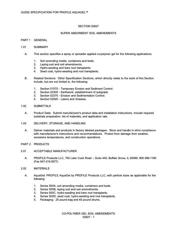 A page from a technical document titled Guide Specification for Profile Aquagel, detailing general information, submittals, delivery, products, and materials for super absorbent soil amendments.