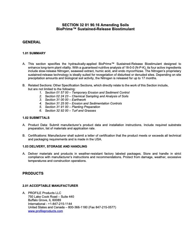 A document detailing specifications for BioPrime Sustained-Release Biostimulant, including summary, submittals, delivery, storage, and product info for PROFILE Products LLC, with sections and bullet points.