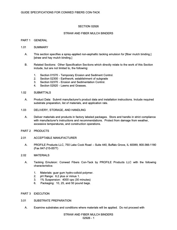 A document titled Guide Specifications for Conwed Fibers Con-Tack, detailing sections on general info, submittals, manufacturers, and execution for straw and fiber mulch binders.