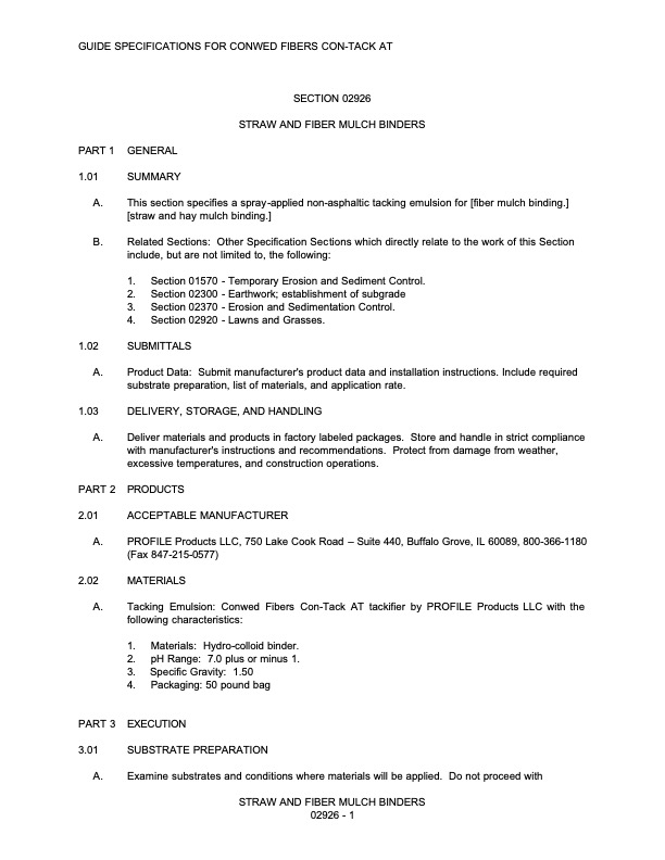 A document titled Guide Specifications for Conwed Fibers Con-Tack AT outlining general, product, and execution requirements for straw and fiber mulch binders. Text is organized into numbered sections and subsections.