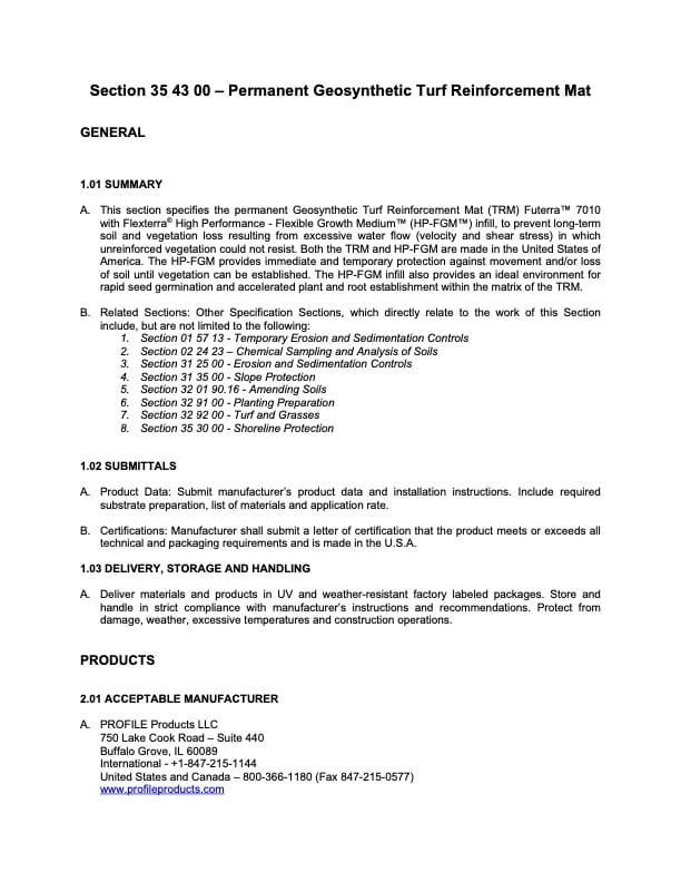 A document titled Section 35 43 00 – Permanent Geosynthetic Turf Reinforcement Mat with general summary, submittal requirements, and manufacturer information in a structured, bulleted, and numbered format.