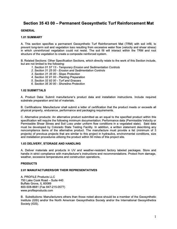 A document titled Section 35 43 00 – Permanent Geosynthetic Turf Reinforcement Mat detailing summary, submittals, products, and references for turf reinforcement mat installation in construction projects.