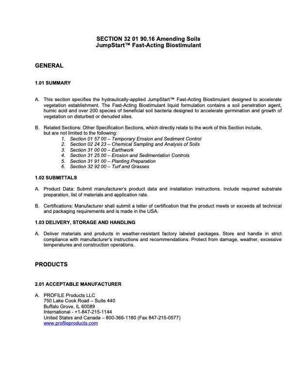 A document outlining specifications for JumpStart Fast-Acting Biostimulant, including summary, submittals, delivery, storage, handling, and acceptable manufacturer details.