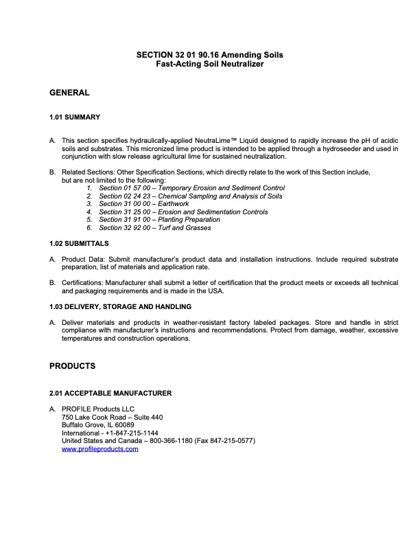 A page of technical text outlining requirements for a Fast-Acting Soil Neutralizer, including sections on summary, submittals, delivery, and manufacturer information, with contact details and a web address at the bottom.
