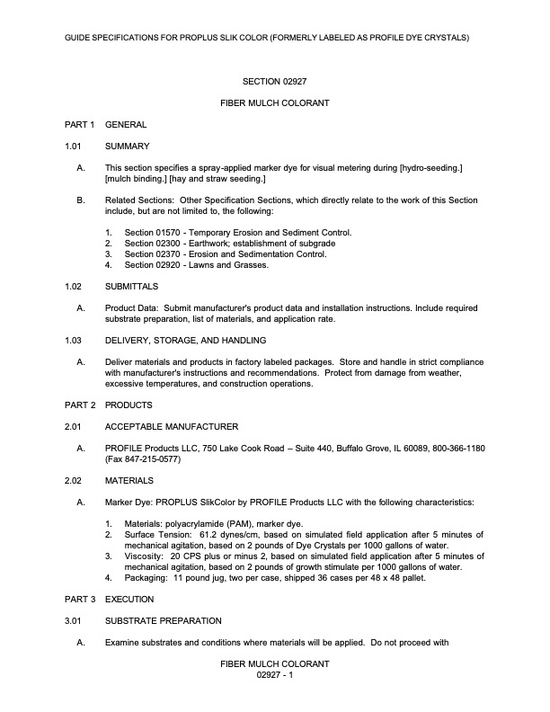A scanned page from a construction guide specifying requirements for fiber mulch colorant, including summary, related sections, submittals, manufacturers, and application methods. The text is organized in sections and bullet points.