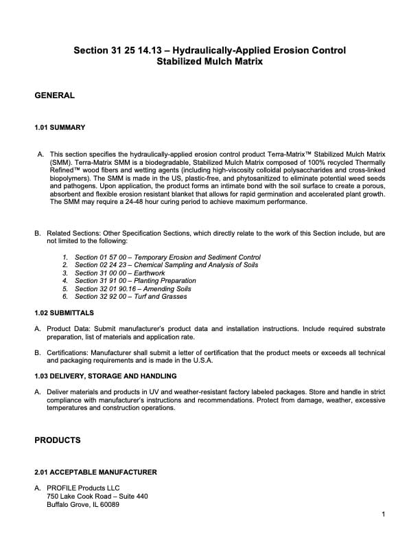 A document titled Hydraulically-Applied Erosion Control Stabilized Mulch Matrix with sections for summary, submittals, manufacturer, and related documents, containing black text on a white background.