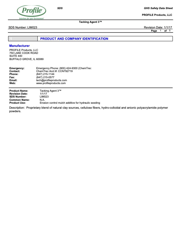 A safety data sheet for Tackling Agent 3™ by Profile Products, listing manufacturer info, emergency contact numbers, and product description in a structured table format.