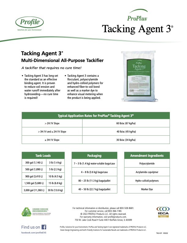 A product info sheet for ProPlus Tacking Agent 3. It lists uses, features, typical application rates, mixing/dilution rates, and ingredients. A photo of the product bag appears in the upper right corner.