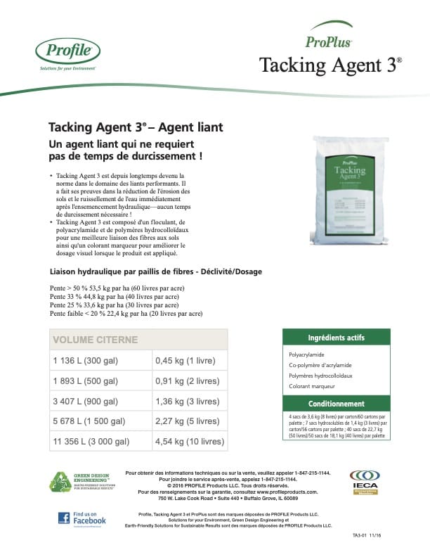 A product sheet for ProPlus Tacking Agent 3, featuring product details, dosing guidelines for various tank volumes, ingredient information, certification logos, and a small image of the product bag.