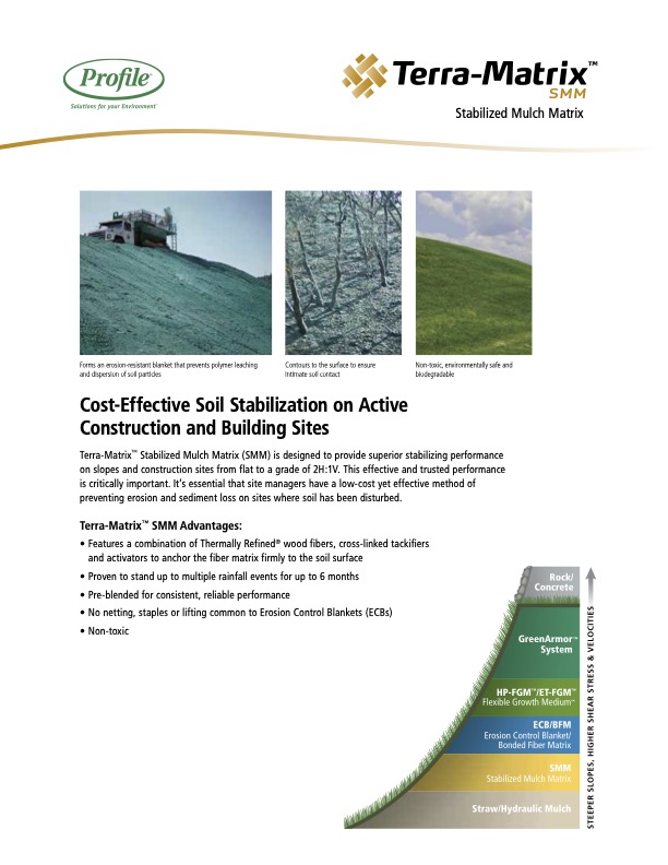 A brochure page for Terra-Matrix SMM shows text detailing soil stabilization benefits and advantages. Includes an image of green mulch applied to a slope, company logos, and a diagram comparing multiple product solutions.