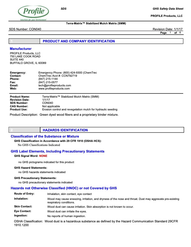 A safety data sheet for Terra-Matrix SMM by Profile Products, listing company info, emergency contacts, product use, and hazard identification. The sheet indicates the product is not hazardous per OSHA standards.