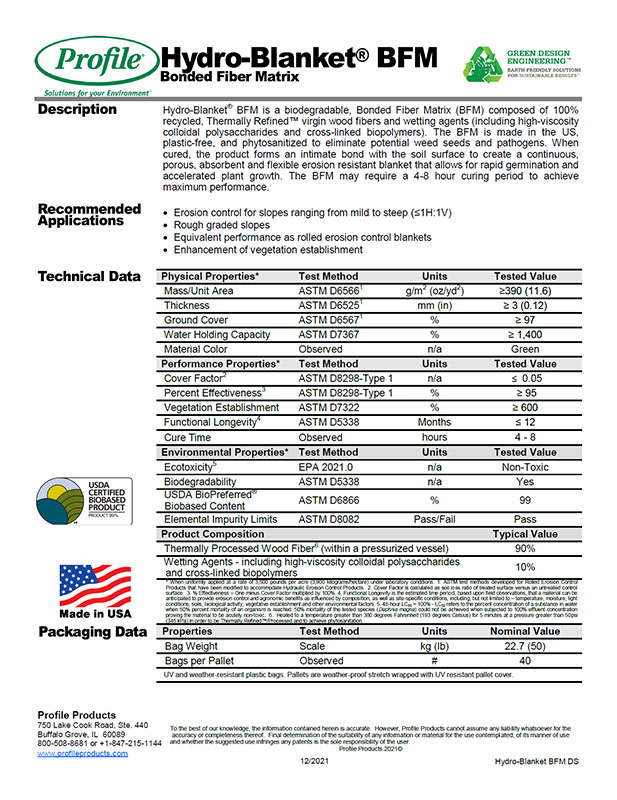 Product info sheet for Hydro-Blanket BFM, detailing specifications, applications, features, and test results.