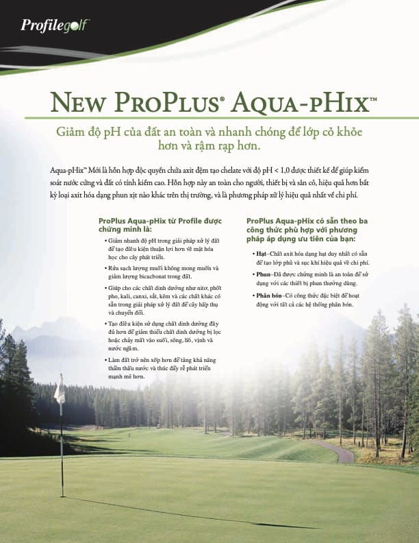 A golf course with green grass and mountains in the background. The image includes Vietnamese and English text about a product called New ProPlus Aqua-pHix for adjusting soil pH.