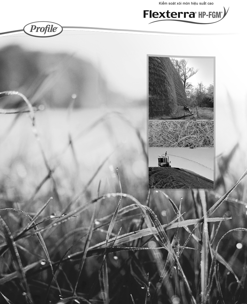 Close-up of dewy grass in black and white; inset images show workers spraying material onto a hillside for erosion control, labeled with Flexterra HP-FGM and Vietnamese text at the top.