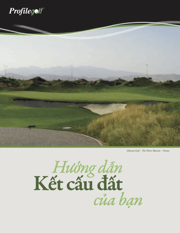 A golf course with green grass, sand bunkers, and mountains in the background under a cloudy sky. Text in Vietnamese appears at the bottom.