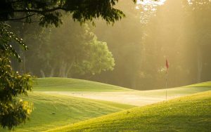 A golf course in soft sunlight, with rolling green hills, trees in the background, and a red flag marking the hole.