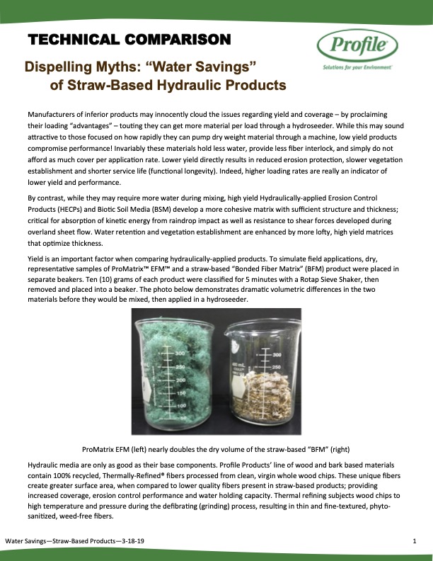 A comparison sheet titled Dispelling Myths: Water Savings of Straw-Based Hydraulic Products contrasts straw with wood hydraulic mulch, featuring text, icons, and graphs about performance and water retention.