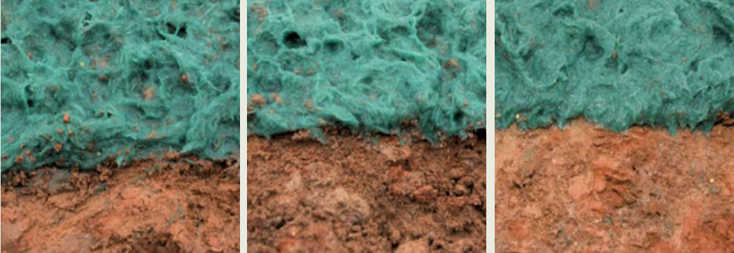 Three side-by-side panels show soil covered by a textured green material, likely mulch or erosion control, on top of brown earth. The perspective is close-up, focusing on the surface details.