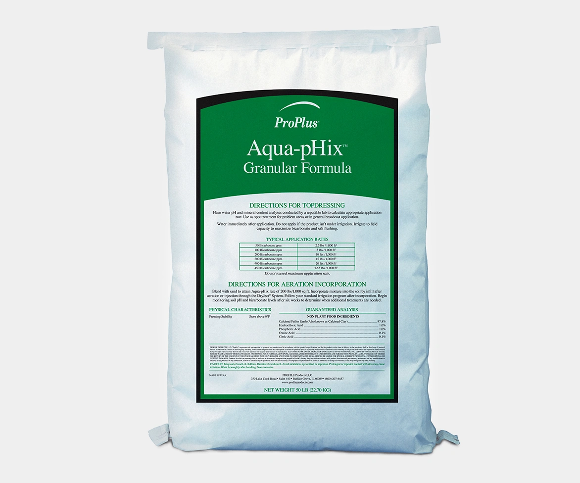 A white bag labeled ProPlus Aqua-pHix Granular Formula with application instructions and analysis details printed on a green and white label. The bag stands upright on a plain background.