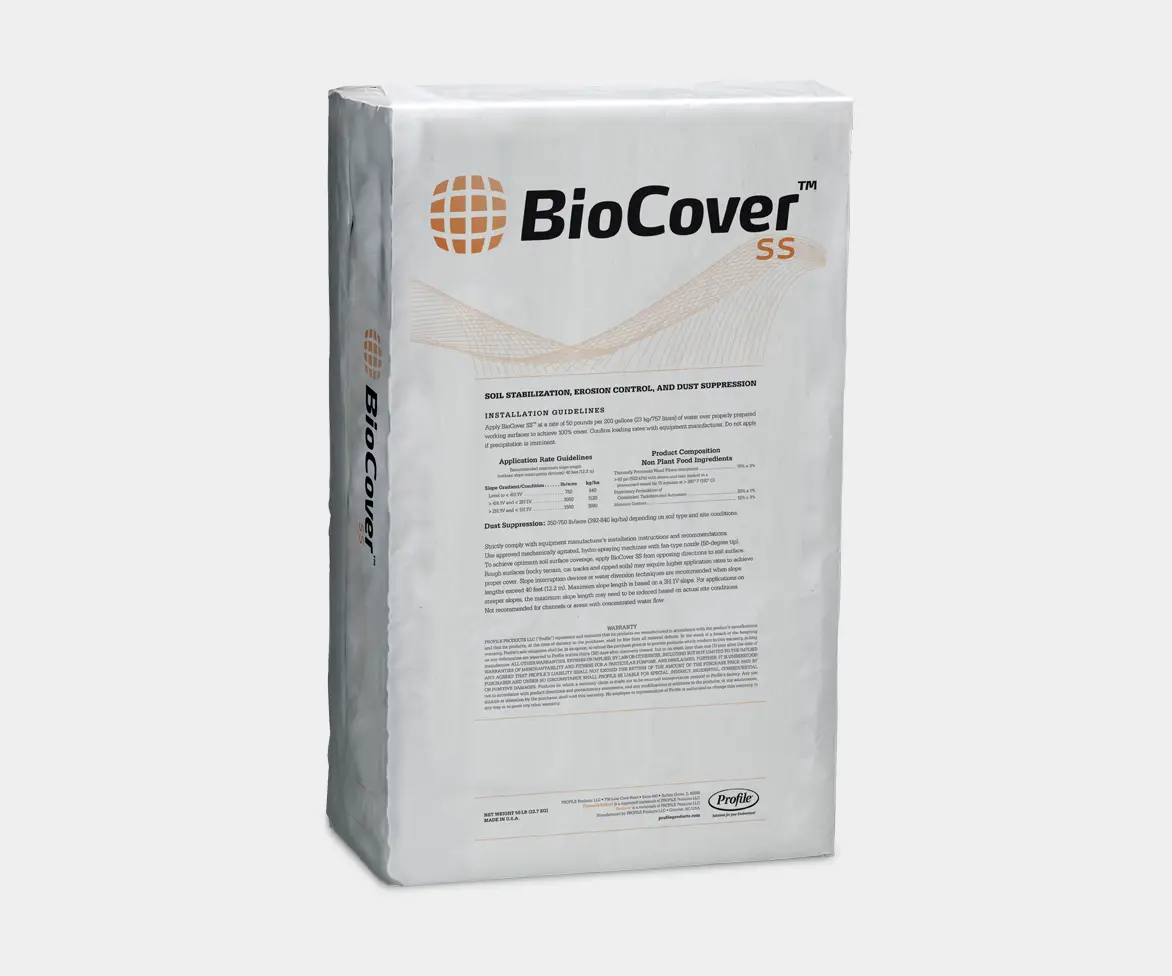 White bag labeled “BioCover SS” with an orange globe logo and the text “BioCover SS.” The front label includes the description “Soil Stabilization, Erosion Control, and Dust Suppression,” installation guidelines, application rate information, and a Profile logo near the bottom.