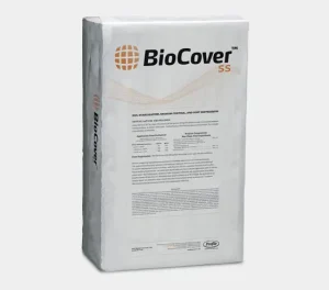 White bag labeled “BioCover SS” with an orange globe logo and the text “BioCover SS.” The front label includes the description “Soil Stabilization, Erosion Control, and Dust Suppression,” installation guidelines, application rate information, and a Profile logo near the bottom.