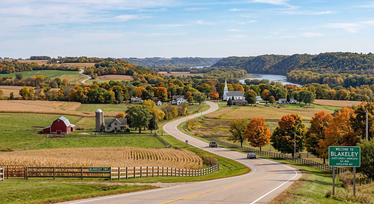 A winding road leads to a small town with a white church, barns, and autumn trees, set in rolling farmland by a river. A green sign reads Welcome to Blakeley..